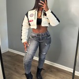HR88002 European and American fashion women's clothing, stretch denim fabric, ripped biker-style skinny jeans