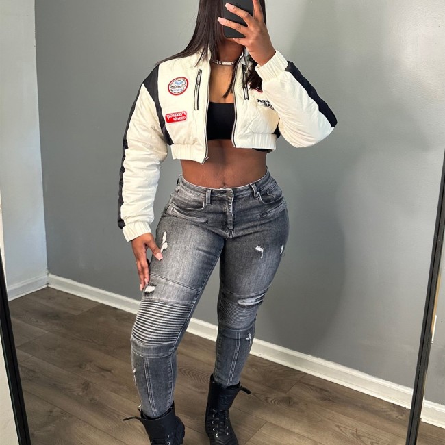 HR88002 European and American fashion women's clothing, stretch denim fabric, ripped biker-style skinny jeans