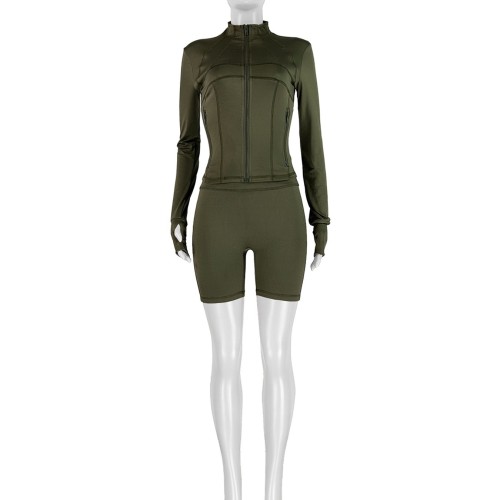 HR24068 Bestseller Extension Spring New Style European and American Sports Casual Sexy Tight-Fitting Long-Sleeve Shorts Two-Piece Set