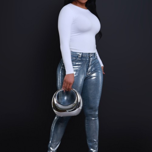HR88011 European and American women's clothing, popular style, gold foil stamping, silver foil stamping, tight-fitting stretch denim jeans