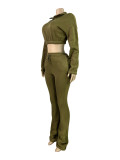 HR25069 European and American fashion women's half-zip cropped fleece sweatshirt and flared long pants casual two-piece set