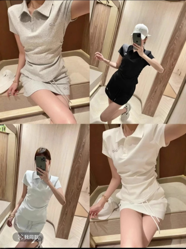 In-stock women's sports suit: polo shirt with shoulder pleats, waist-cinching slimming top, anti-exposure short skirt, yoga wear