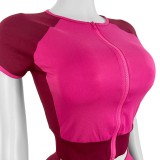 HR25019 European and American fashion women's clothing, color-blocked round-neck short-sleeve high-waisted micro-flared two-piece pants suit