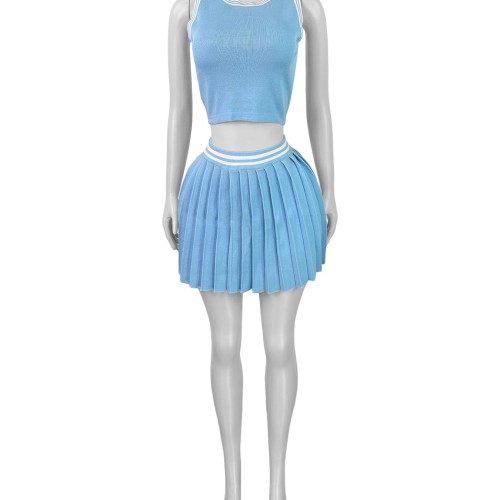 HR25030 European and American fashion women's clothing sleeveless crop top + pleated short skirt sports fashion set