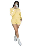 HR25020 European and American women's clothing, sexy hot girl long-sleeve zippered two-piece set with contrasting color webbing shorts