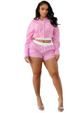 HR25028 European and American fashion women's clothing, striped shirt with a turn-down collar, long-sleeved, elastic-waisted shorts, two-piece set