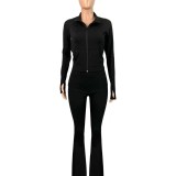 HR25088 European and American women's clothing, thumb-hole top with foldable waist and slight flared yoga two-piece set (includes headscarf)
