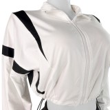 HR25023 European and American fashion women's clothing, color-blocking drawstring waist, zippered cropped top, long-sleeved cardigan and mid-length pants set