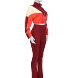 HR24060 European and American sports casual women's clothing, cross-border supply, color-blocked, cropped, high-waisted, slightly flared two-piece set