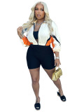 HR25022 European and American fashion women's outfit with color-blocking, zipper, long sleeves, slim-fit shorts, two-piece sports set for women