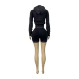 HR26081 European and American fashion women's clothing, washed zipper hooded fleece top and distressed shorts sports two-piece set