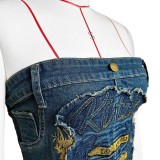 HR88017 European and American fashion women's clothing, stretch denim fabric, patch embroidered denim skirt-style tube top