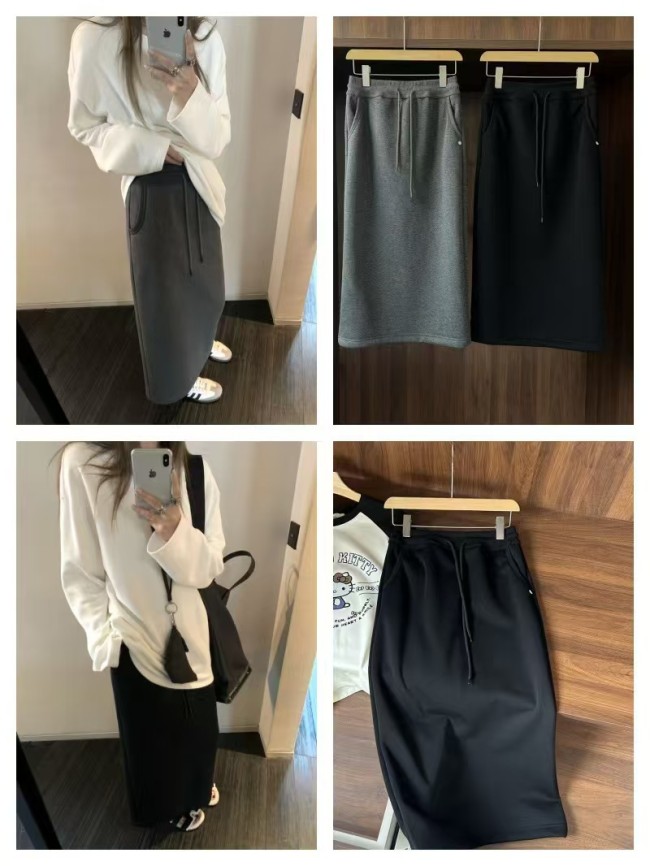 In stock 2025 autumn egg high-waisted drawstring A-line straight mid-length skirt, new early autumn half-skirt, loose, slimming, versatile
