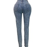HR88028 European and American fashion women's clothing, cross-border supply, rhinestone embellished slim-fit pocket ripped raw edge denim jeans