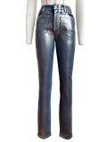 HR88011 European and American women's clothing, popular style, gold foil stamping, silver foil stamping, tight-fitting stretch denim jeans
