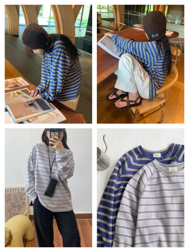 In-stock 2025 Spring/Summer Collection: Vintage Loose-Fit Round-Neck Long-Sleeve T-Shirt with Contrasting Stripes, Versatile and Casual