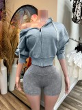 HR26081 European and American fashion women's clothing, washed zipper hooded fleece top and distressed shorts sports two-piece set
