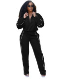 HR25051 European and American fashion women's two-piece set: elastic waistband striped half-zip sweatshirt and straight-leg sweatpants
