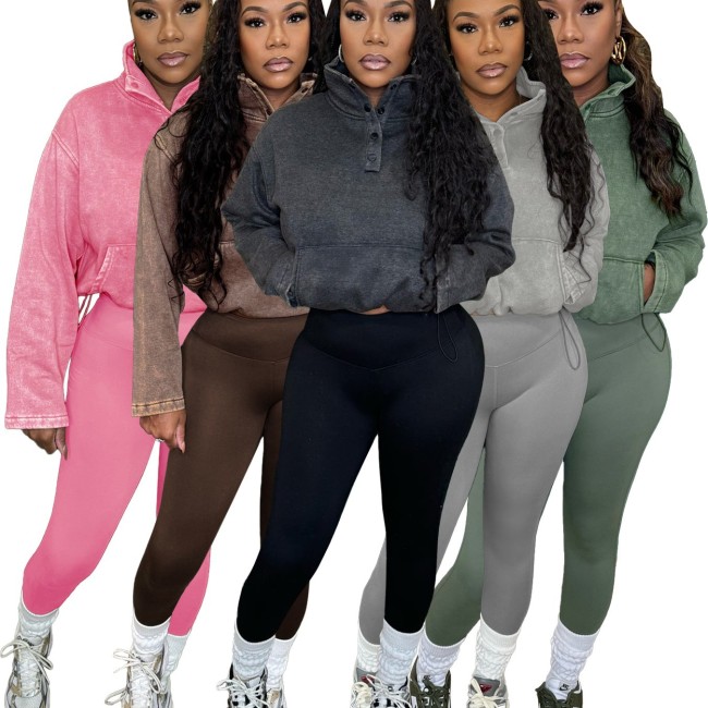 HR24069 European and American women's clothing, cross-border supply, washed top + yoga pants sports casual two-piece set