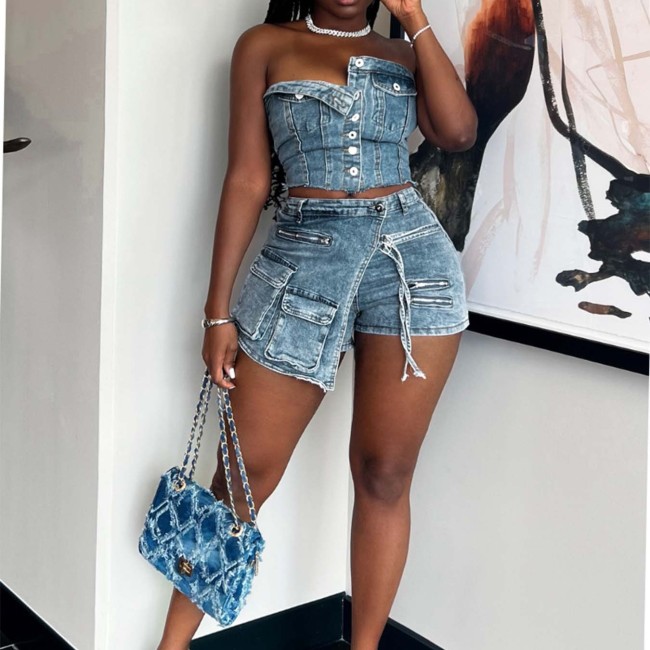 HR88010 European and American fashion women's clothing cross-border supply bustier workwear denim shorts set