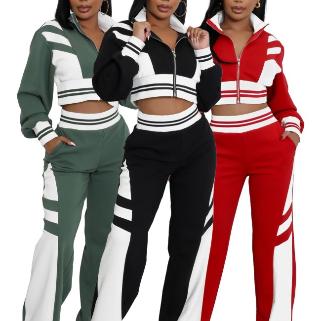 HR24070 European and American women's clothing, double-layer ribbed color-blocked contrasting wide-leg micro-flared pants two-piece set