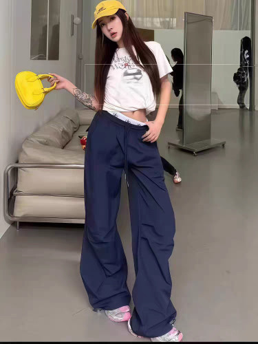 Women's casual wide-leg pants with letter webbing on the waistband, thin and versatile, high-waisted and slimming
