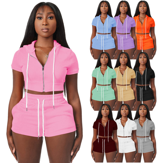 HR8210 European and American women's clothing, cross-border supply, zip-up cardigan, solid color short top with hood, two-piece set