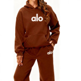 New cross-border women's clothing: hooded fleece-lined autumn and winter sweatshirt and sweatpants, fashionable casual letter-print multi-color set