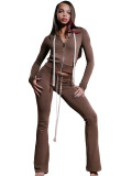 HR25066 European and American fashion women's hooded zip-up sweatshirt slim-fit pocket micro-flared two-piece pants set for women