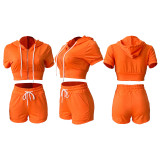 HR8210 European and American women's clothing, cross-border supply, zip-up cardigan, solid color short top with hood, two-piece set