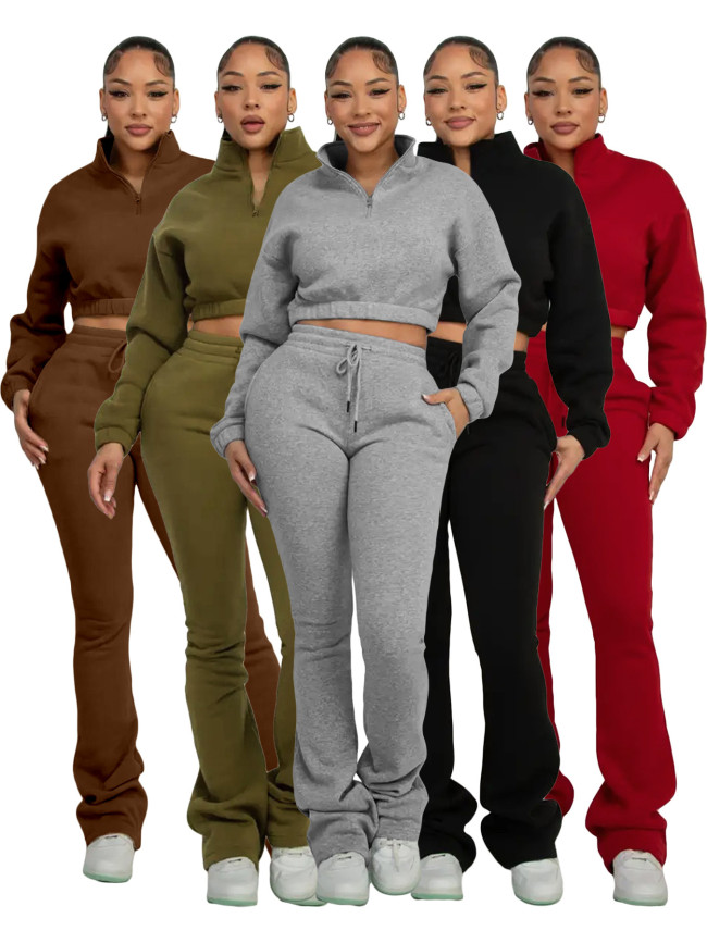 HR25069 European and American fashion women's half-zip cropped fleece sweatshirt and flared long pants casual two-piece set