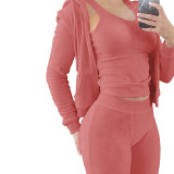 HR8235 European and American women's clothing, best-selling item on the international platform, new autumn and winter collection, double-sided fleece vest with hood, three-piece set