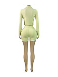 HR25103 European and American fashion women's slim-fit zippered long-sleeve thumb-hole top and shorts two-piece sports suit