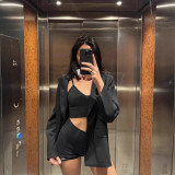 In-stock women's black high-waisted sports fitness yoga shorts, tummy control and butt-lifting three-point hot pants, high-end version