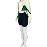 HR25022 European and American fashion women's outfit with color-blocking, zipper, long sleeves, slim-fit shorts, two-piece sports set for women