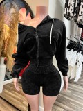 HR26081 European and American fashion women's clothing, washed zipper hooded fleece top and distressed shorts sports two-piece set