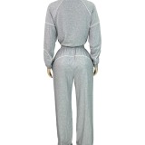 HR25051 European and American fashion women's two-piece set: elastic waistband striped half-zip sweatshirt and straight-leg sweatpants