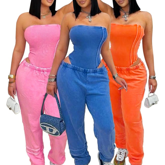 HR25082 European and American women's clothing, washed and distressed strapless slim-fit jumpsuit, loose-fitting two-piece set with leggings