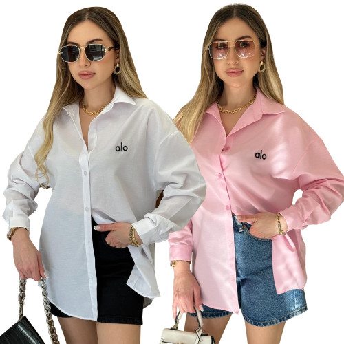 Y71602 2025 New European and American Style Gentle Washed Embroidered Letter Shirt for Women, Korean Version Loose Casual Shirt