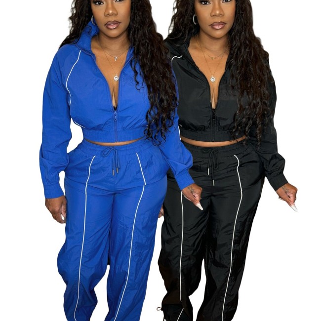 HR25052 European and American fashion women's two-piece set: woven top with contrasting color lines and wide-leg elasticated sports pants