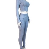 HR24043 European and American casual women's clothing, autumn and winter style, cotton ribbed washed distressed tight-fitting suit