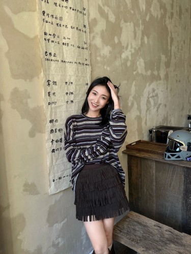 In-stock 2025 Spring and Autumn Base Shirt erume Card Korean Style Casual Color-Block Striped Round Neck Loose Long Sleeve Top for Women