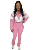 HR25015 European and American women's clothing, elastic waistband, color block splicing, contrasting color, sporty casual two-piece pants set