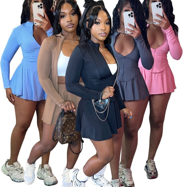 HR24029 European and American women's clothing, sporty casual slim-fit long-sleeve flared skirt two-piece set (with safety shorts)