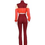 HR24060 European and American sports casual women's clothing, cross-border supply, color-blocked, cropped, high-waisted, slightly flared two-piece set