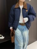 In stock 2025 winter egg retro Korean Dongdaemun corduroy color-blocked lapel cotton jacket casual loose versatile