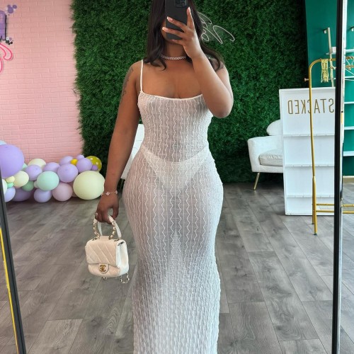 HR24027 European and American women's clothing, jacquard fabric, sexy semi-transparent strap long dress