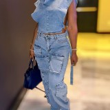 HR88003 European and American fashion women's clothing, stretch denim fabric, multi-pocket workwear style denim pants