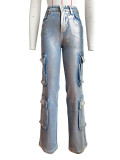 HR88013 European and American women's clothing, cross-border supply, fashionable silver-embossed design, stretch denim multi-pocket cargo pants