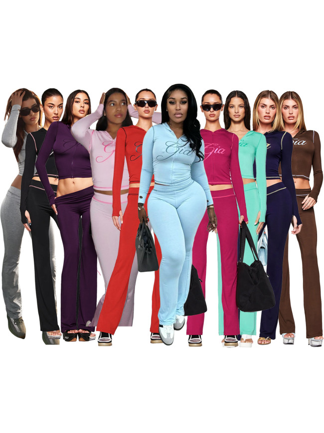 HR25071 European and American fashion women's clothing cross-border supply printed hooded long-sleeve thumb-hole micro-flare two-piece set